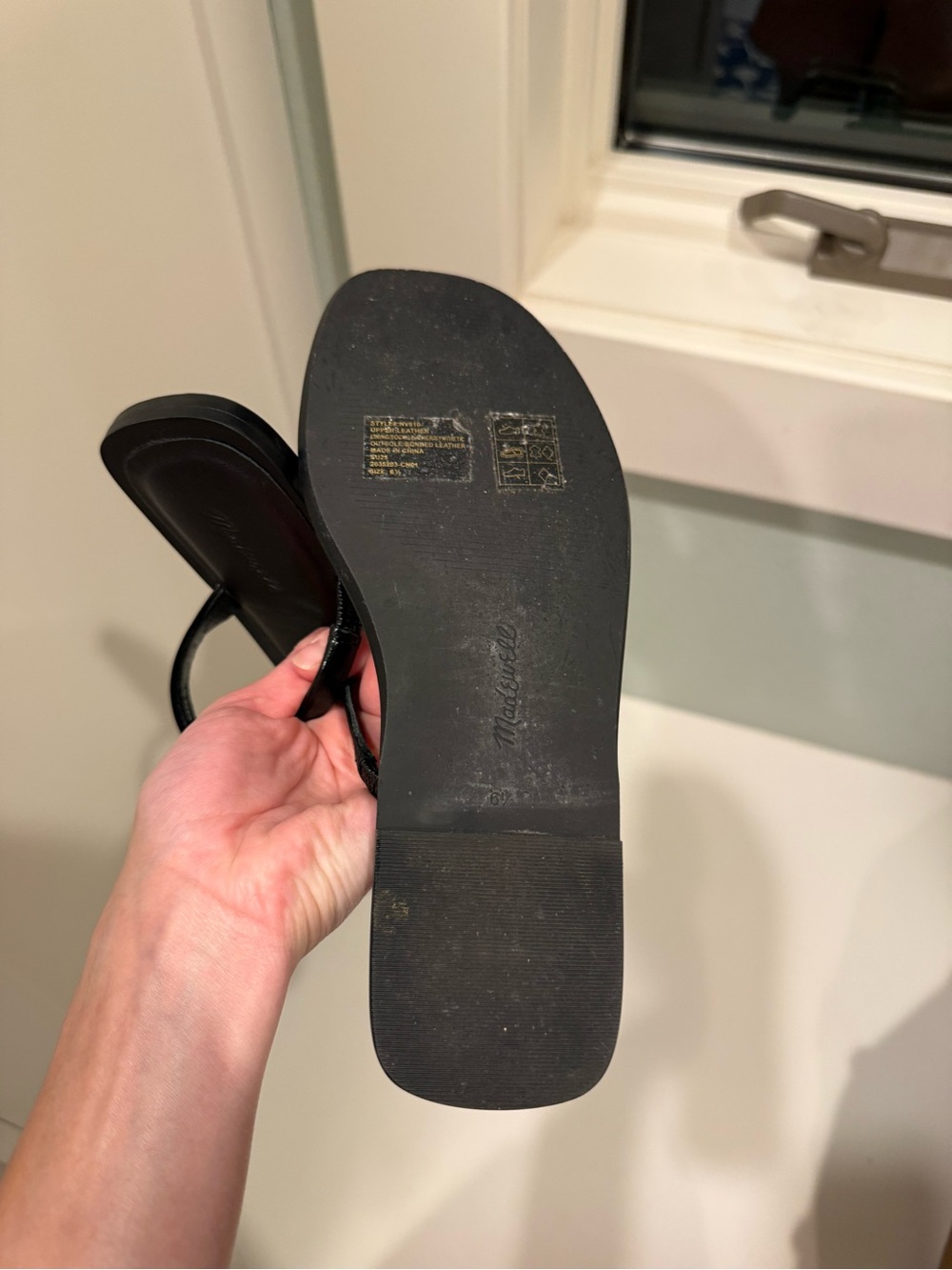 Madewell Dessa Black Leather T-Strap Sandals with Gold Toe Accent - Picture 3 of 4